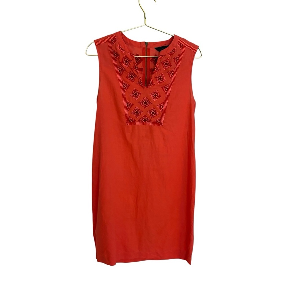 J Crew Coral embroidered sunburst sleeveless linen blend sundress. Size XS
